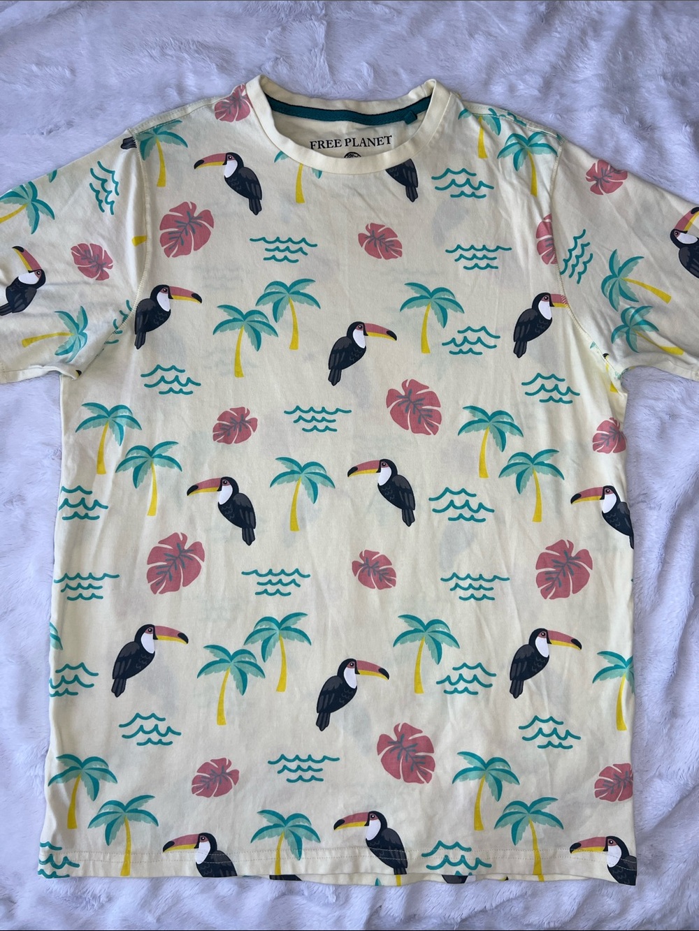 Free Planet Tropical Toucan Print Tee - Cream, Teal, Coral, Black